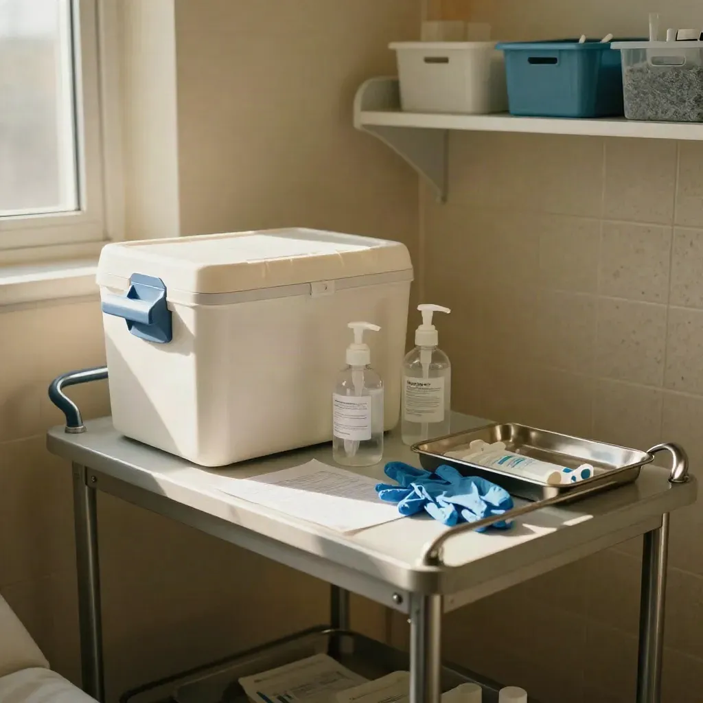 Clinic supply bay with vaccine cooler, sanitizer bottles, gloves, and folded paper on a steel cart.