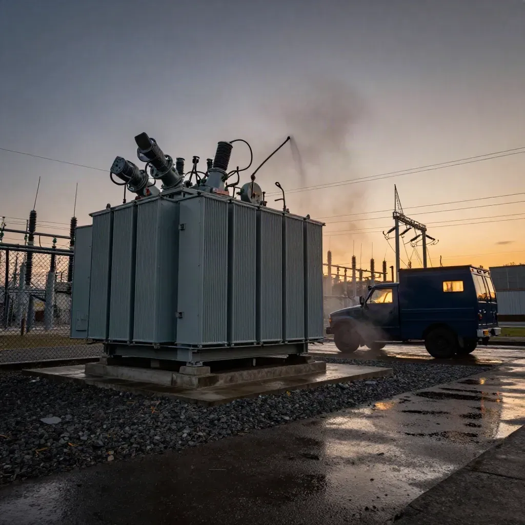 Dusk-lit substation with transformers, lines, and a navy utility truck on wet gravel.